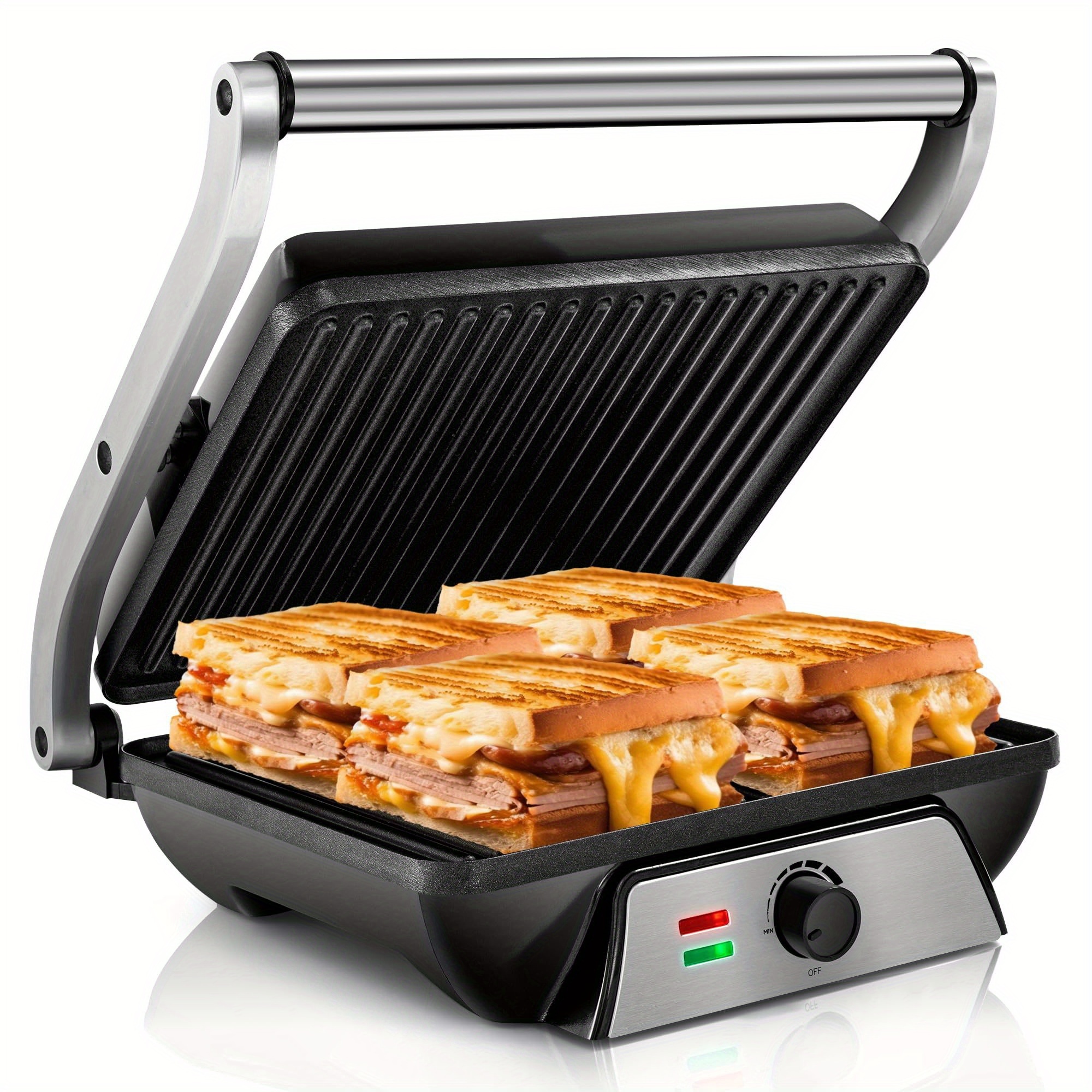3 in 1 electric indoor grill   with non stick stainless steel plates 180 opening angle floating hinge grease tray 120v plug in sandwich maker with preheat indicator light   for   steaks