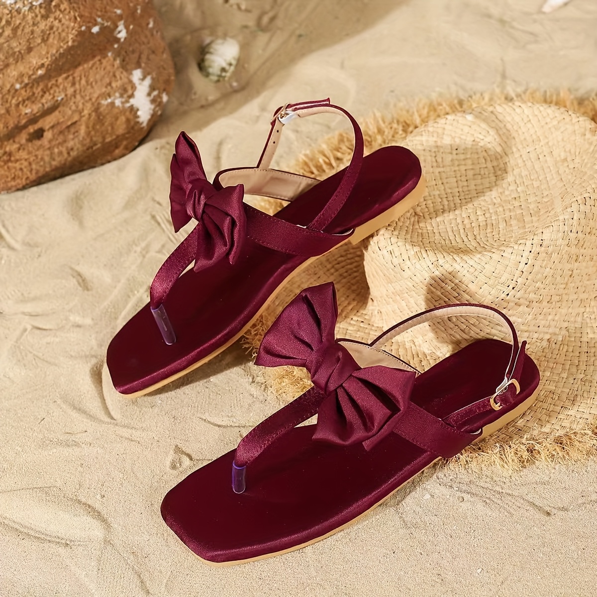 Women's Burgundy Bow Black Square Toe Mules Elegant Slip-* Flat Sandals  with Back Strap, PU Cover TPR Sole, -Season Round-Toe-like Square-T