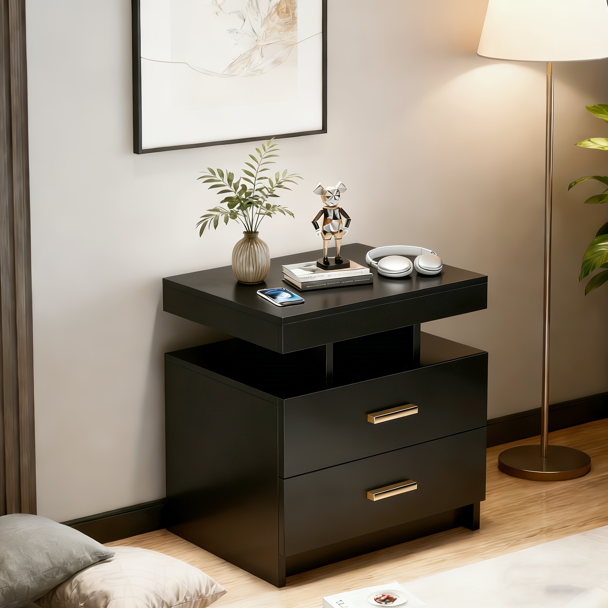 Image of Living Room Side Table, Side Table With Storage Space And 2 Drawers, Modern Bedside Table, White Bedroom Side Table With Golden Handles, 50x40x58cm