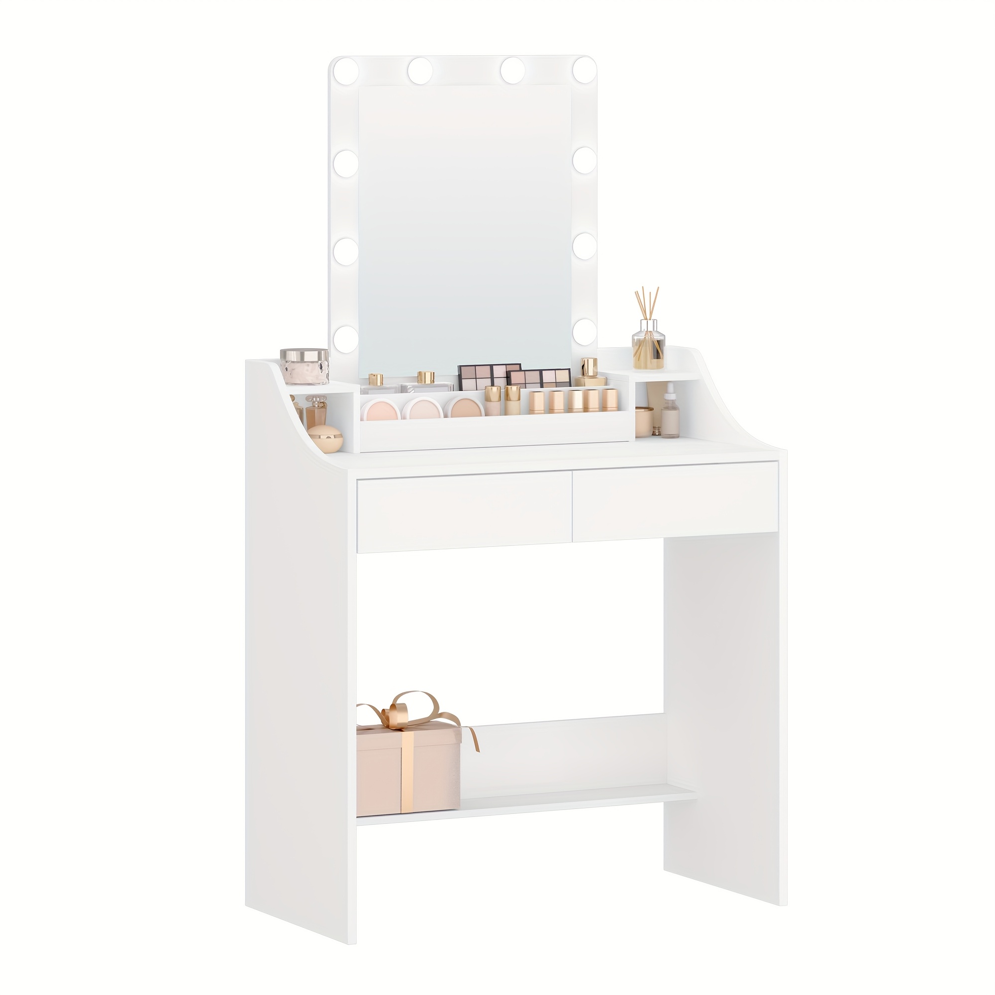 TEMU Dressing Table With Led Lighting, Adjustable Brightness, Dressing Table With Mirror, With 2 Drawers And 3 Open Compartments, Modern, White