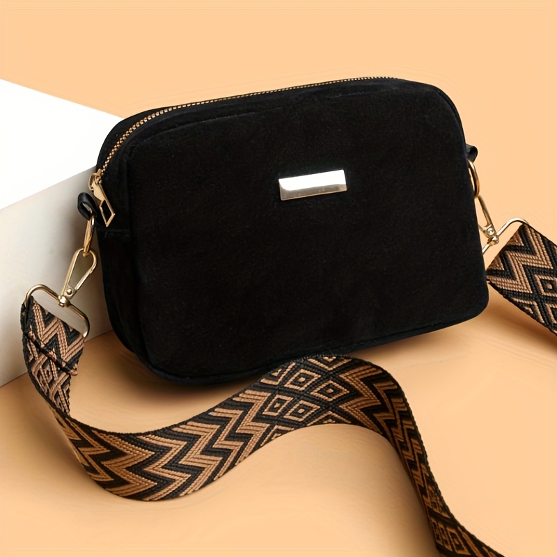 TEMU [MINI] Borsa a spalla da donna , versatile, in tessuto di velluto in con tracolla larga regolabile in stile boh矇mien, borsa quadrata classica