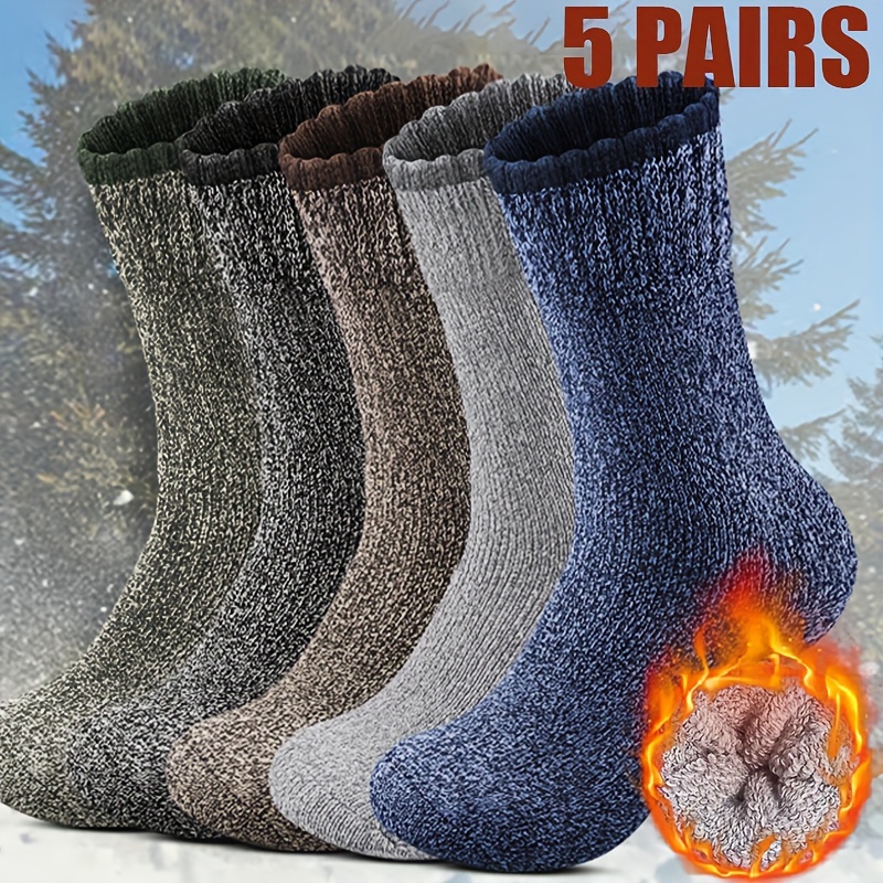 

5pcs Men's Fleece-lined Winter Socks - Warm, Cozy Crew Socks For Hiking & Outdoor Activities, Cold Weather