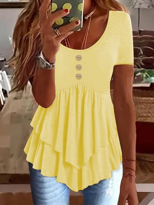 womens casual short sleeve crew neck t shirt solid color button front flare tiered top breathable summer blouse with detailing machine washable regular fit for spring summer ladies t shirts