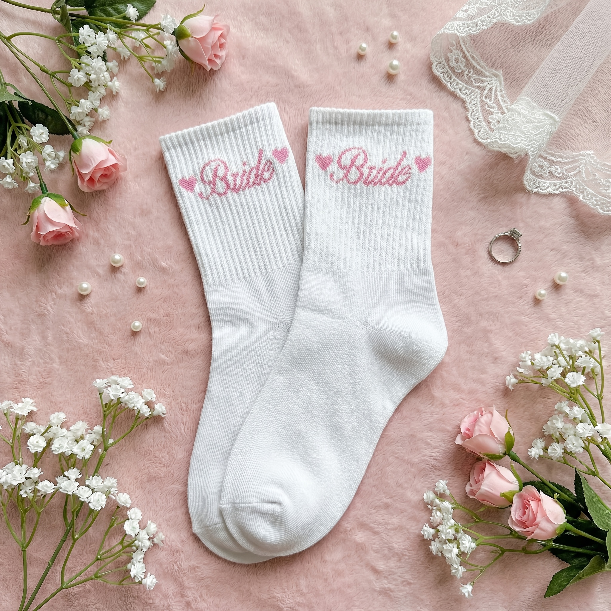 E-shop Brautschuhe, mit 2 Herzen-Musterdruck, kuschelweiche Socken, Geschenk für die Braut, für Brautdusche, Verlobung, Hochzeitsfeier &