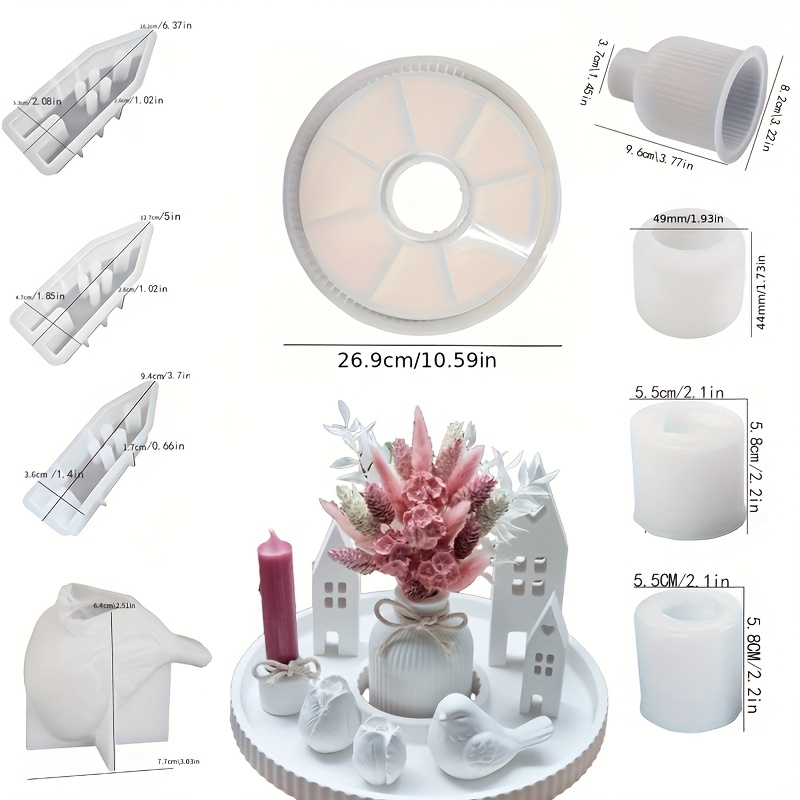 Image of Resin Casting Molds Diy 9pcs Spring And Summer Decorative Plate Round Plate Love House Bird Vase Tulip Set Mold Home Desktop Atmosphere Decoration Festival Gift Silicone Mold