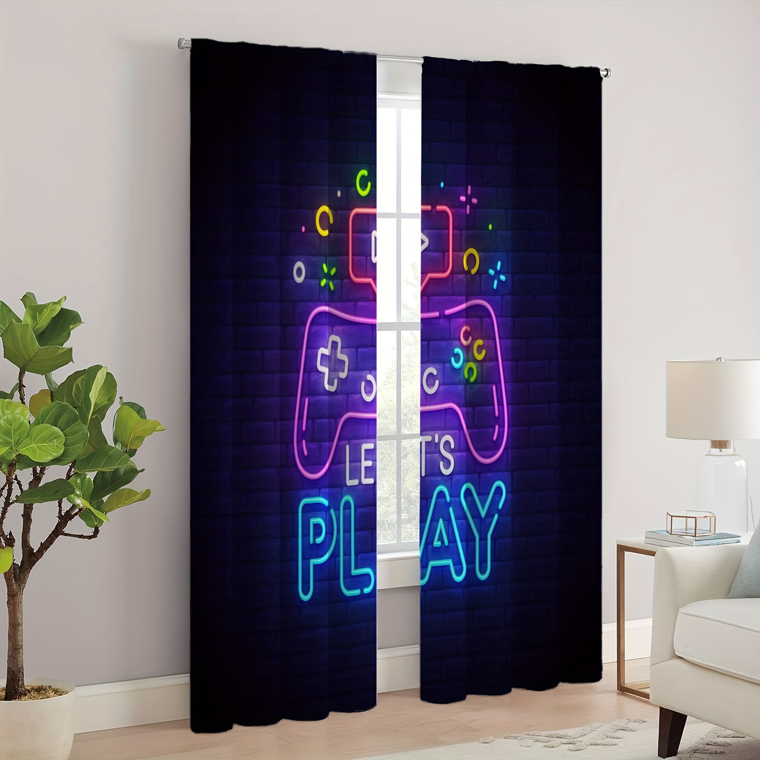 

2pcs Game Controller Pattern Door Curtain - Satin Woven Polyester With Lace - Machine Washable Decorative Bedroom - Unlined Landscape Theme And Floral Pattern - Fashionable Curtain Set