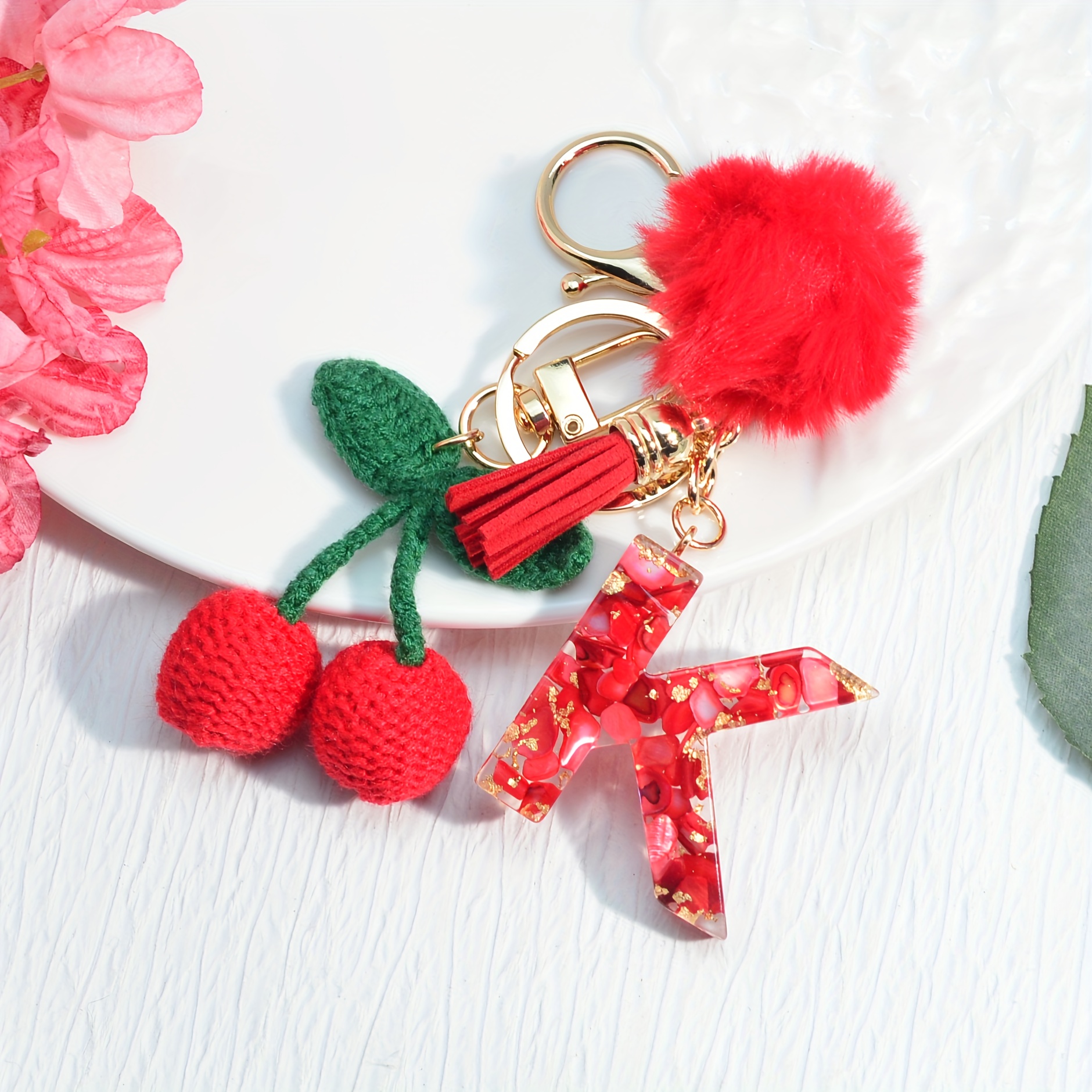   trendy   stone english   letter tassel pompom with cherry pendant keychain pendant ladies bag car key chain   bag keychain