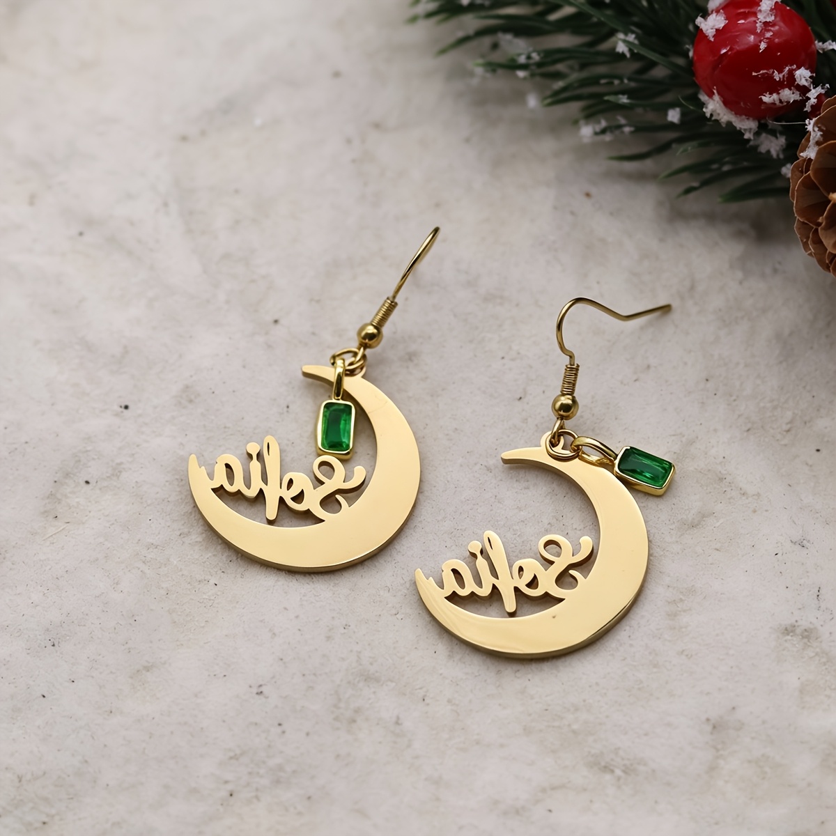 Personalized Green Crescent Moon Name Earrings, Gift for Her