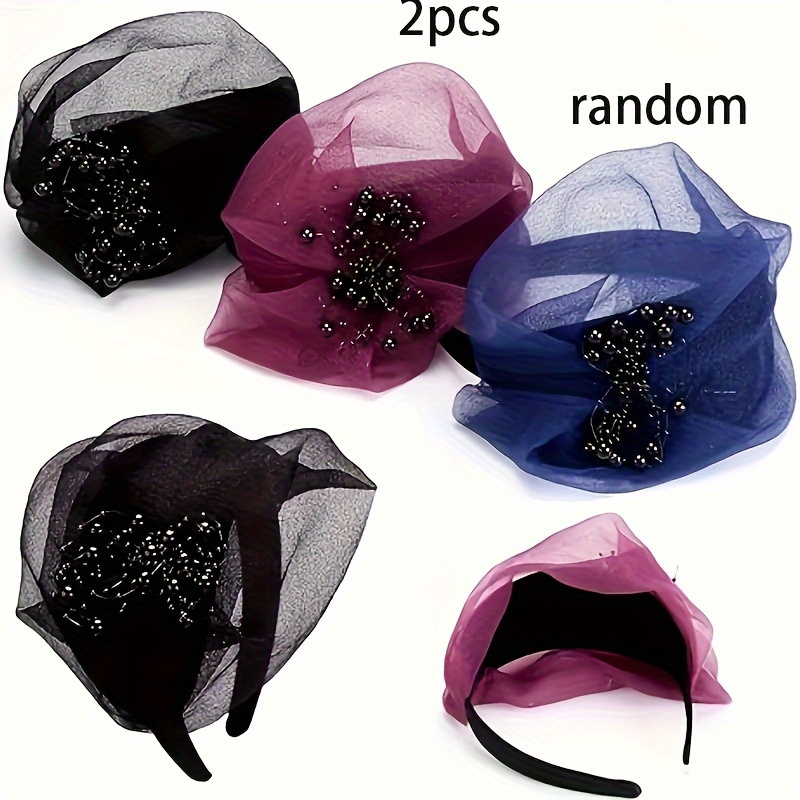 TEMU 2pcs Elegant Beaded Flower Half-hat Headbands For Women - Non-stretch, Hand-washable Mesh In Random Colors, Lightweight & Perfect For Evening