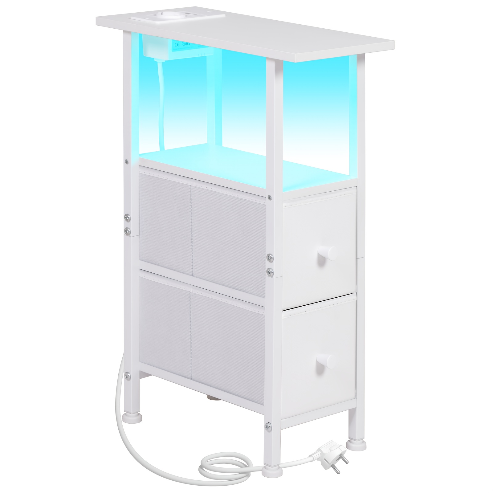 Image of Reliable 1pc Bedside Table With Charging Station And Led Light Strip, Side Table With 2 Fabric Drawers And Shelves, Nightstand With Usb Ports For Bedroom, Living Room