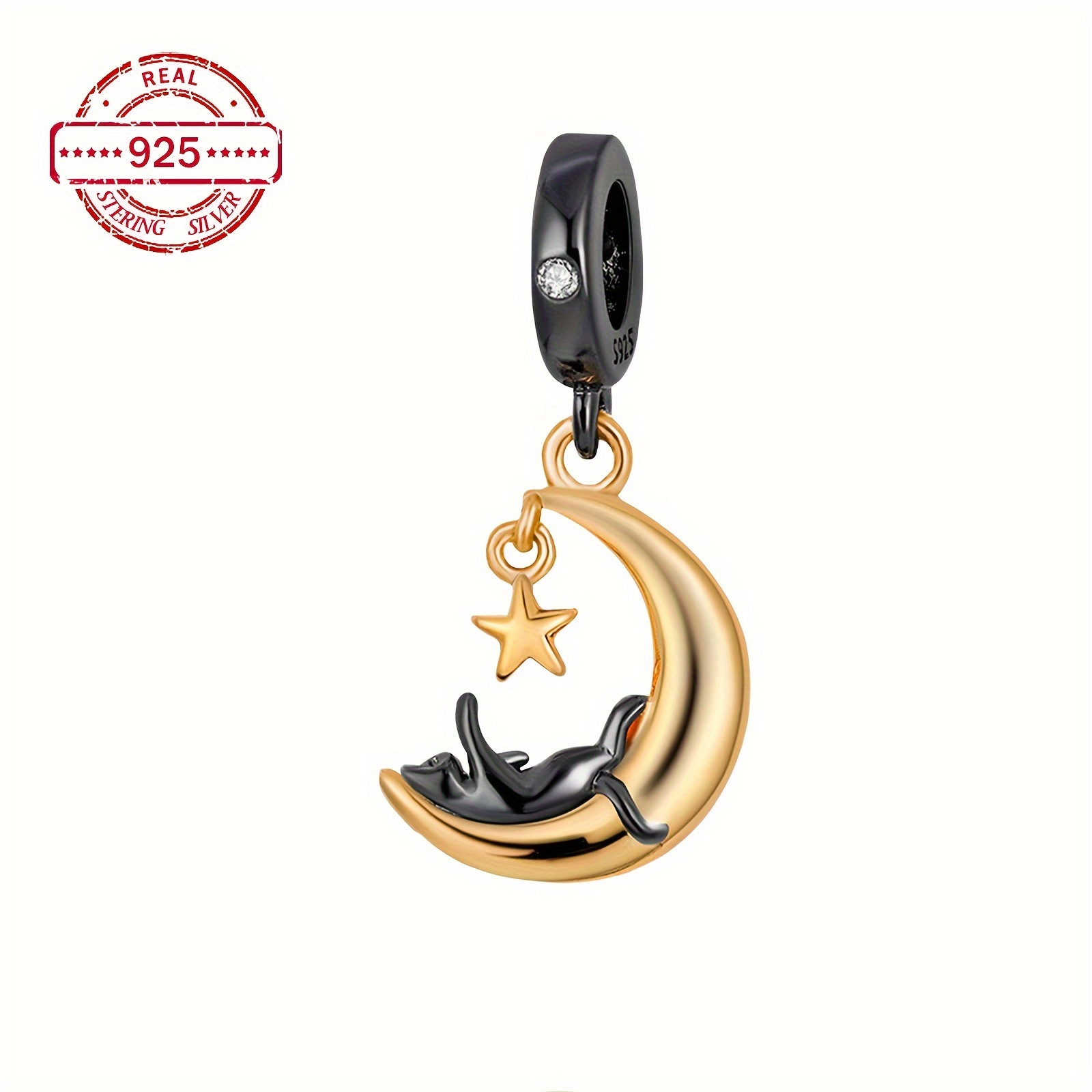 

S925 Sterling Silver Black Golden 2 Moon Dangle Charm Pendant European Moment Bracelet & Necklace Luxury Gift Diy Jewelry Making