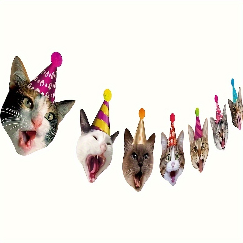 Happy Birthday Banner Cat Garland Funny Birthday Decor Cat Face Bday Party Bunting Decorations Golden Birthday Sign Kitties Bday Party Bunting Decoration