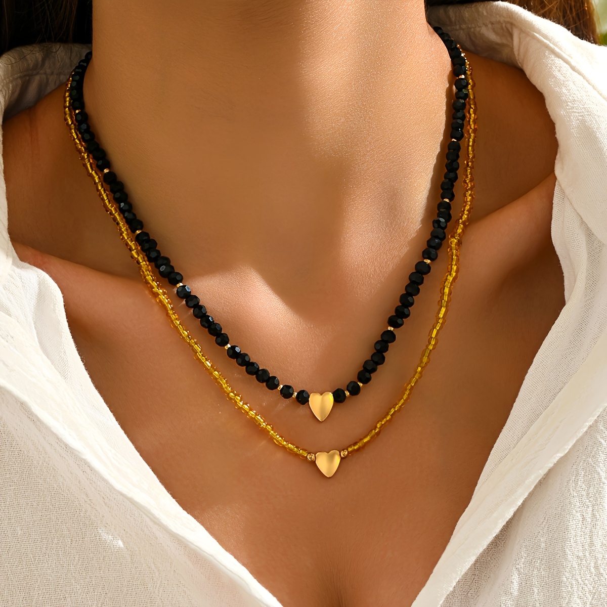 TEMU 2pcs Vintage Bohemian Double-layer Heart Artificial Crystal Beaded Necklace Set, Women's Clavicle Chain, Perfect For Daily, Vacation, Beach And