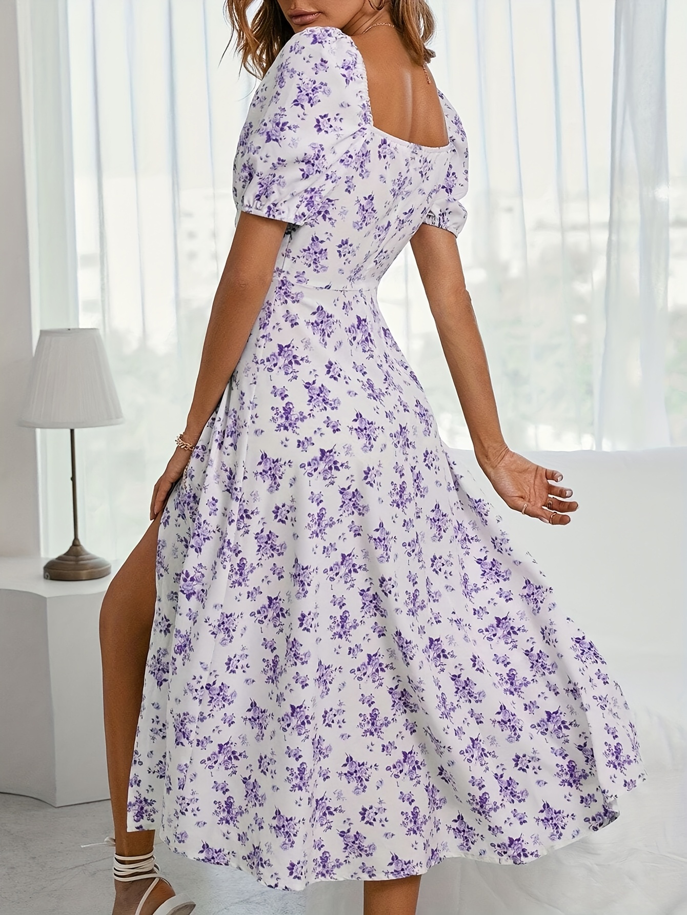 Purple Floral Casual Midi Dress Women's Bohemian Summer Dress