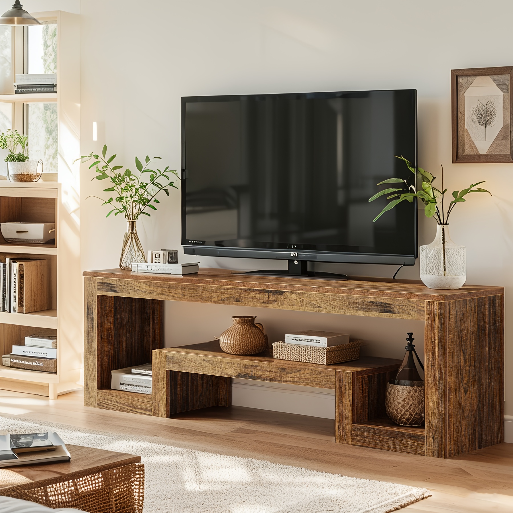 TEMU 62.99" Tv Stand For Tvs Up To 65 Inch, Entertainment Center With Open Storage Shelves, Console Table With Soundbar Shelf For Living Room, Bedroom