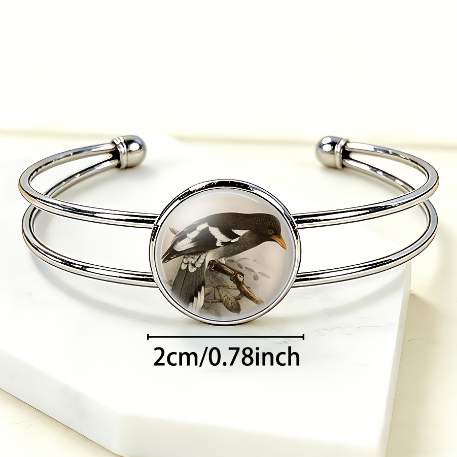 Adjustable Open Bangle with Bird & Branch Pattern, Retro Style