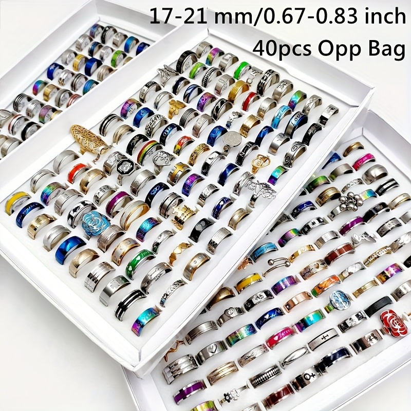E-shop Schmuckset für Damen im Großhandel, 40 Stück/Beutel, modische Ringe für Damen Herren, silbrig, golden mehrfarbig, Edelstahl, Größe 17mm-21mm,