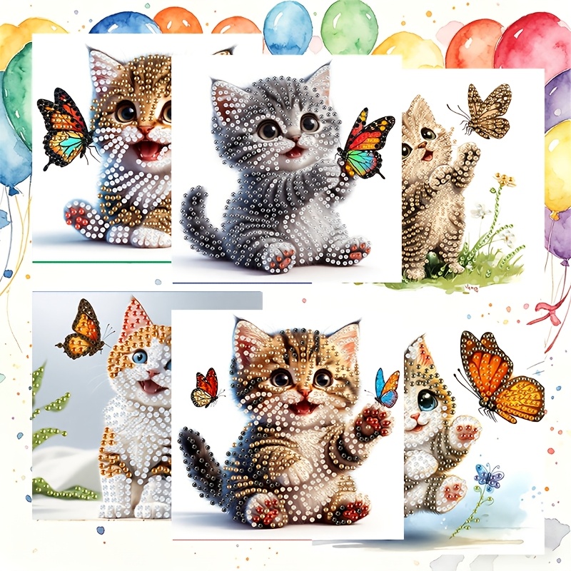 TEMU 6pcs Set Of Unique New Diamond Painting Greeting Card Kit, Kitten Series Pattern Cards For Catching Butterflies, Birthday Holiday Greeting Cards