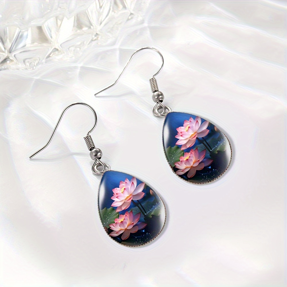 Women's Handmade Glass Dome Lotus Flower Tear Drop Earrings