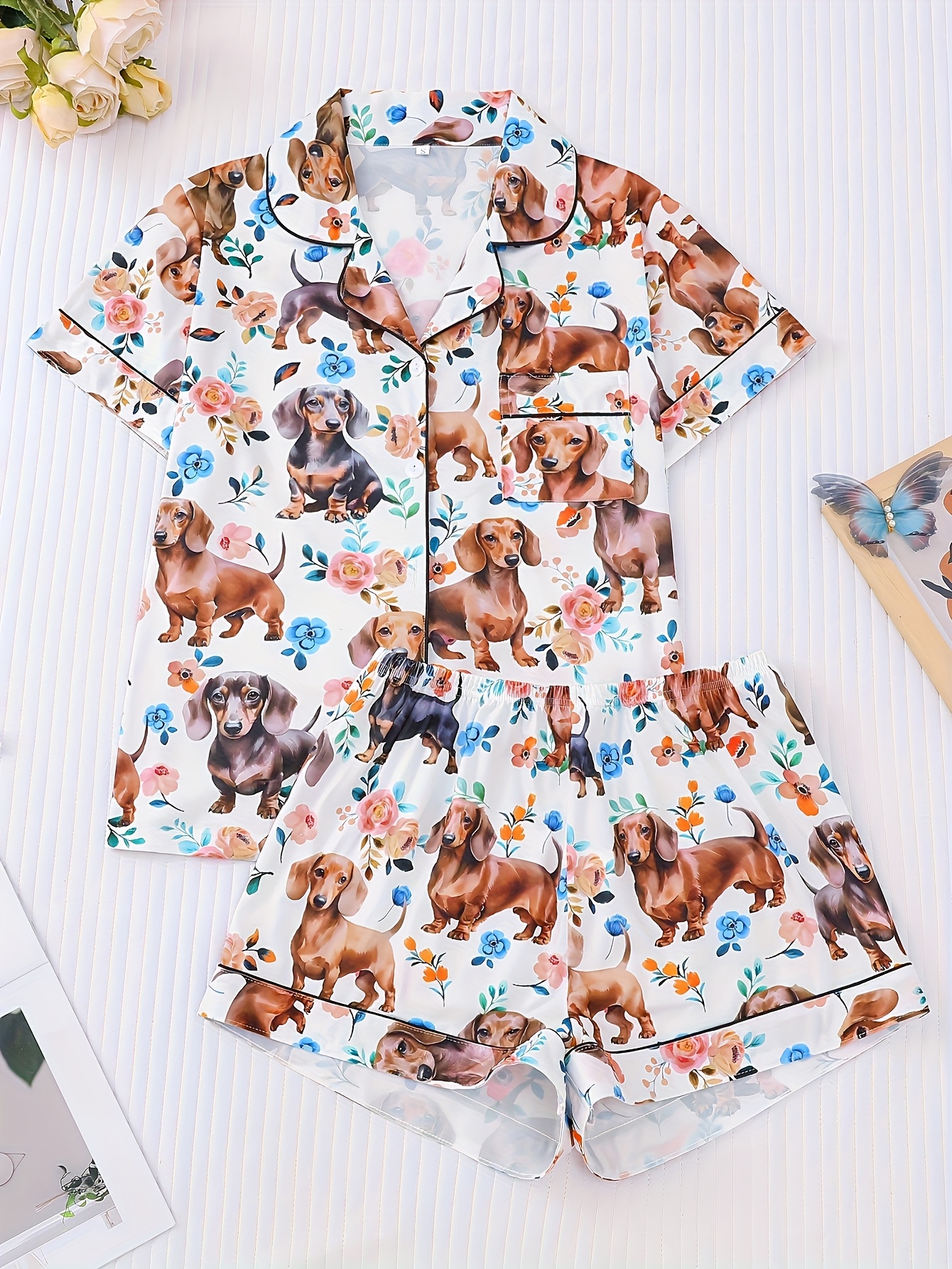   dachshund print womens pajama set short sleeve button up shirt with collar loose elastic shorts comfortable lounge wear for home outdoor   wear   design short sleeve top cute pajamas Product details 5