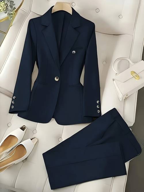 bk030603 womens solid color daily commuting suit set double breasted suit jacket pants