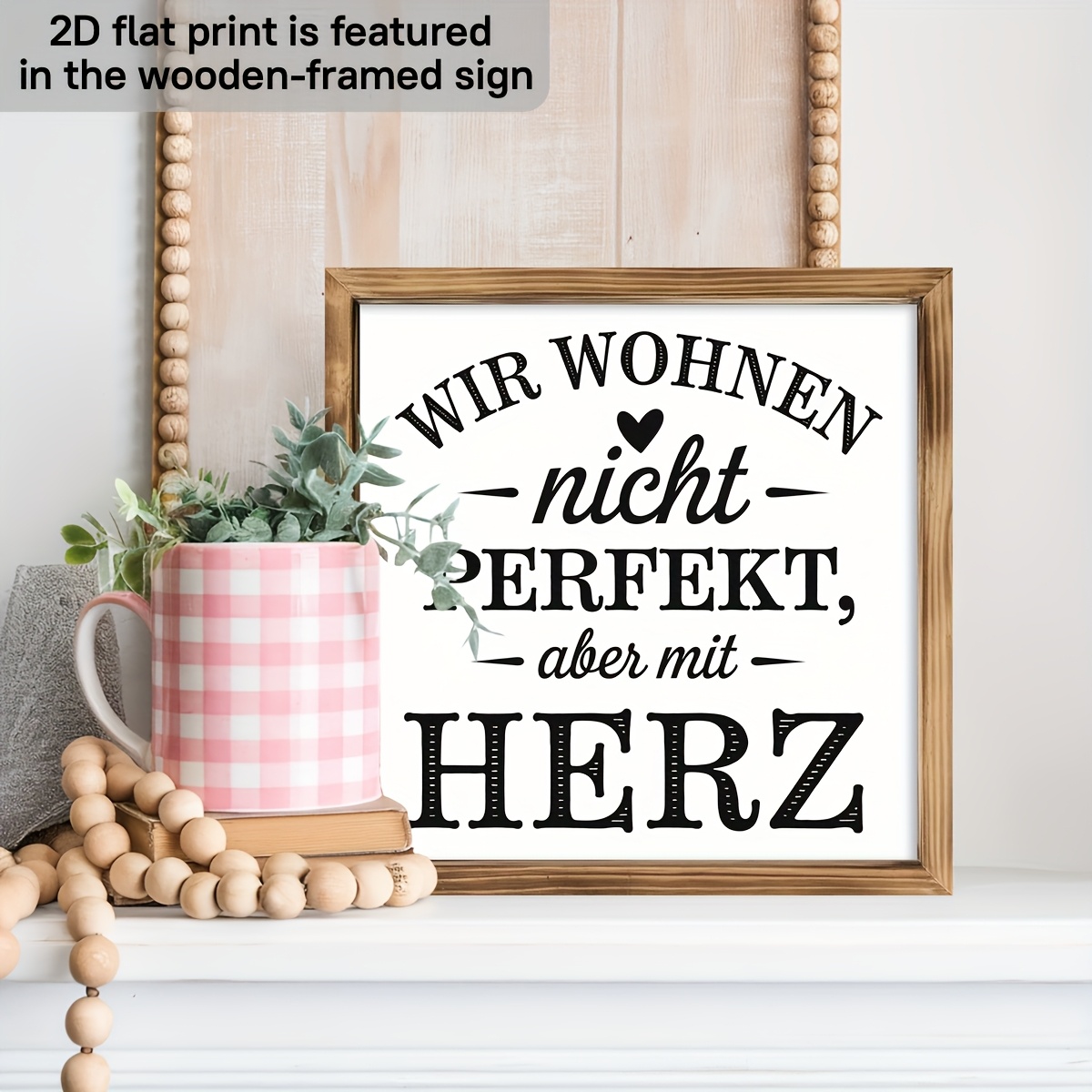 E-shop 2D Flach, 1 Stück Deutscher Spruch Holz-Wanddekor – „Wir nicht , aber mit Herz“ – Rustikales Farmhouse-Schild mit Naturholzrahmen, recyceltes