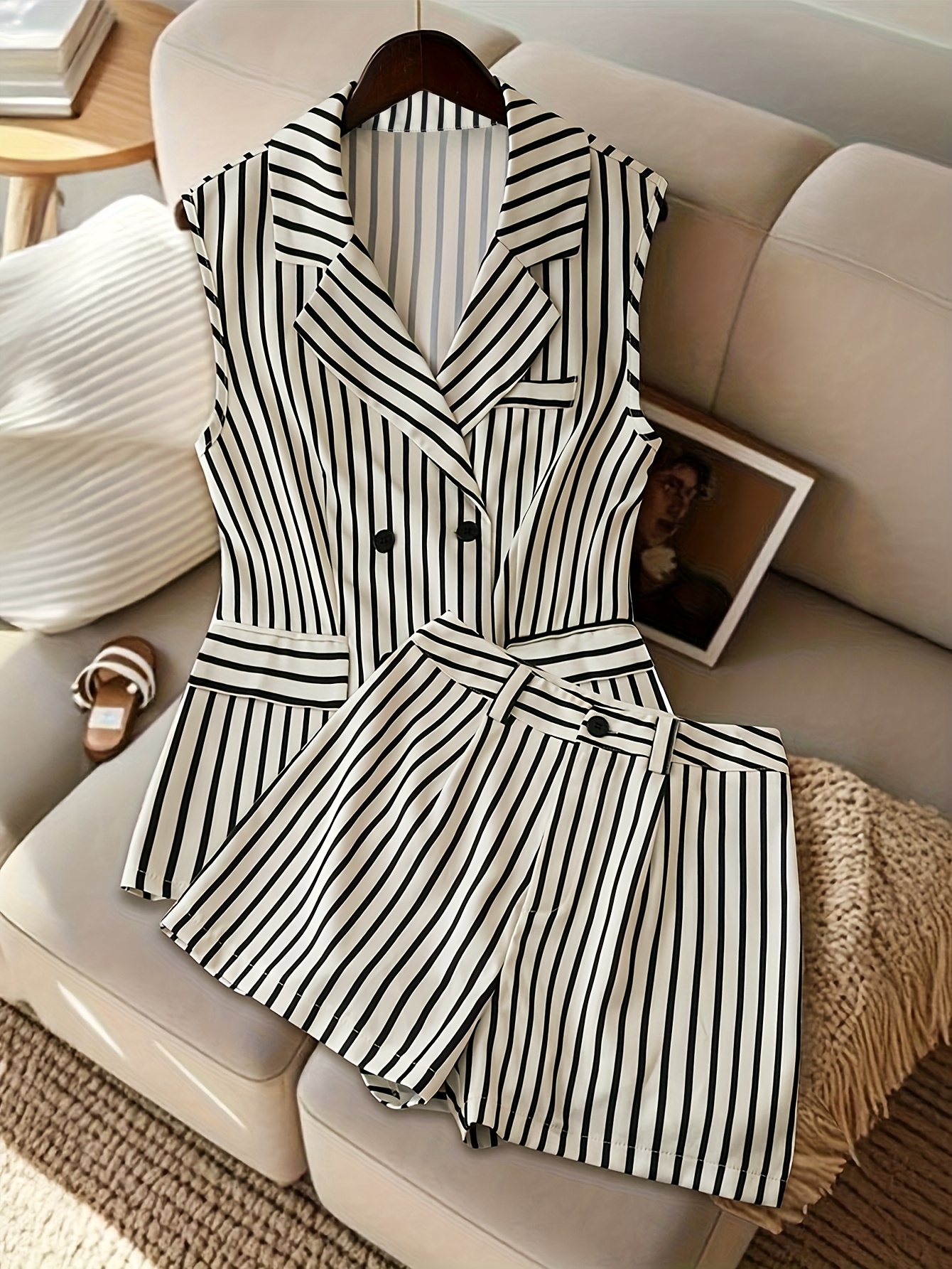[YY0314871] Elegant And Chic * Fashion Quality * Button Sleeveless Striped  Lapel Vest Set And Shorts Set