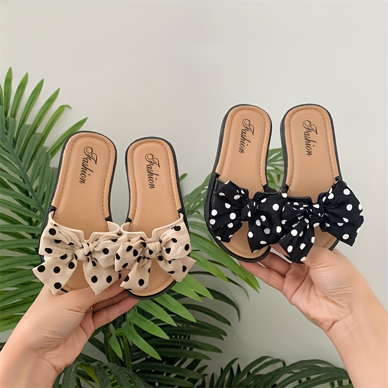 

Trendy Cute Polka Dot Bowknot Open Toe Slippers For Girls, Breathable Lightweight Non-slip Slippers For Vacation Beach