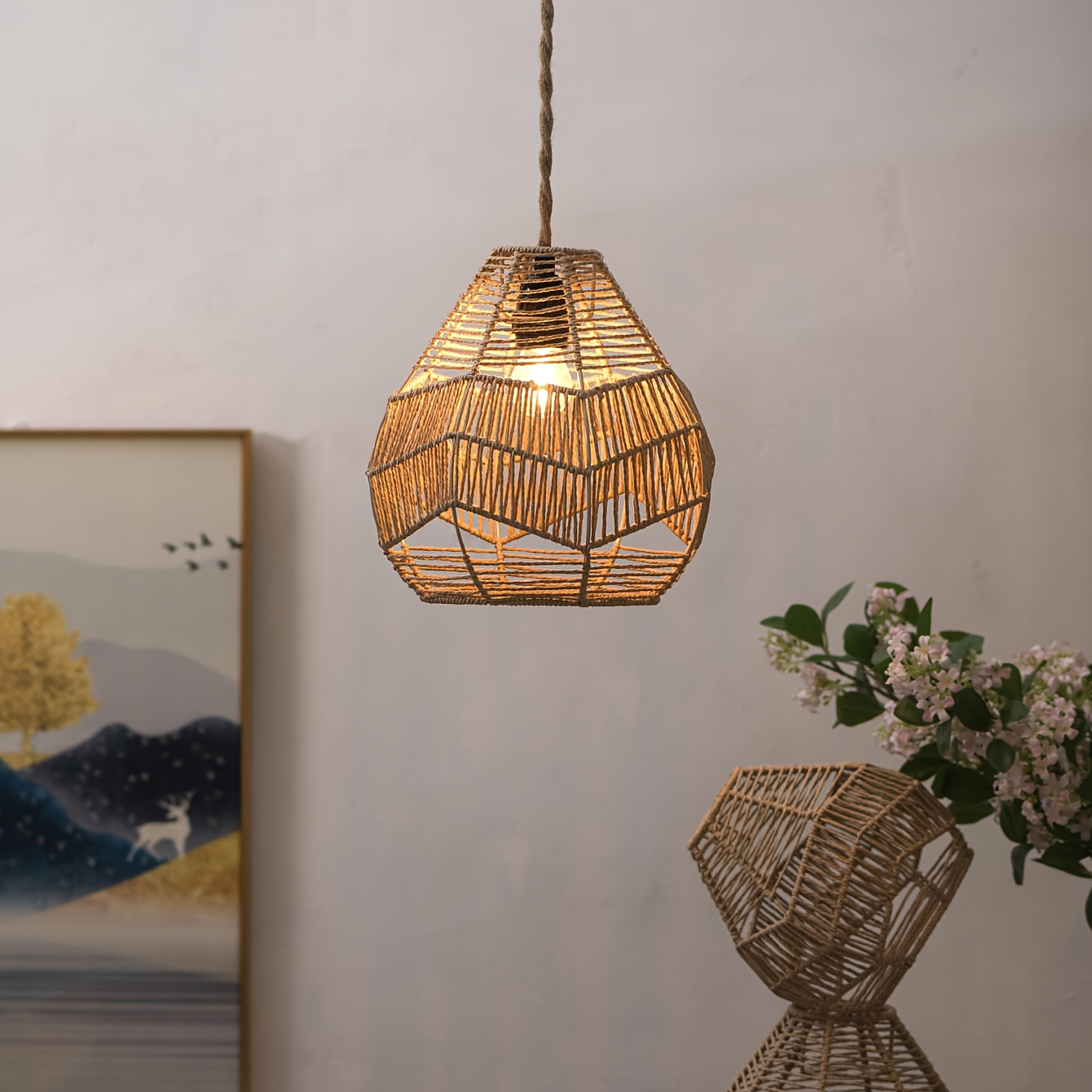 handmade woven pendant lamp shade modern   natural fiber hanging light for dining room and restaurant decor 0