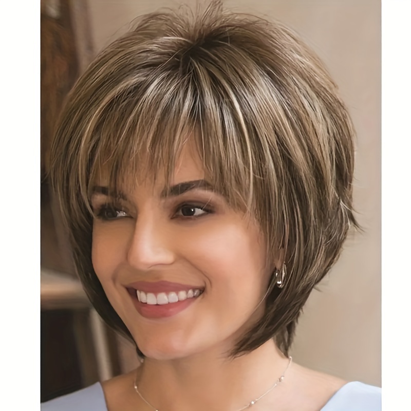 

Elegant Mixed Brown Bob Wig With Air Bangs For Women - High-temperature Synthetic, Body Wave Style