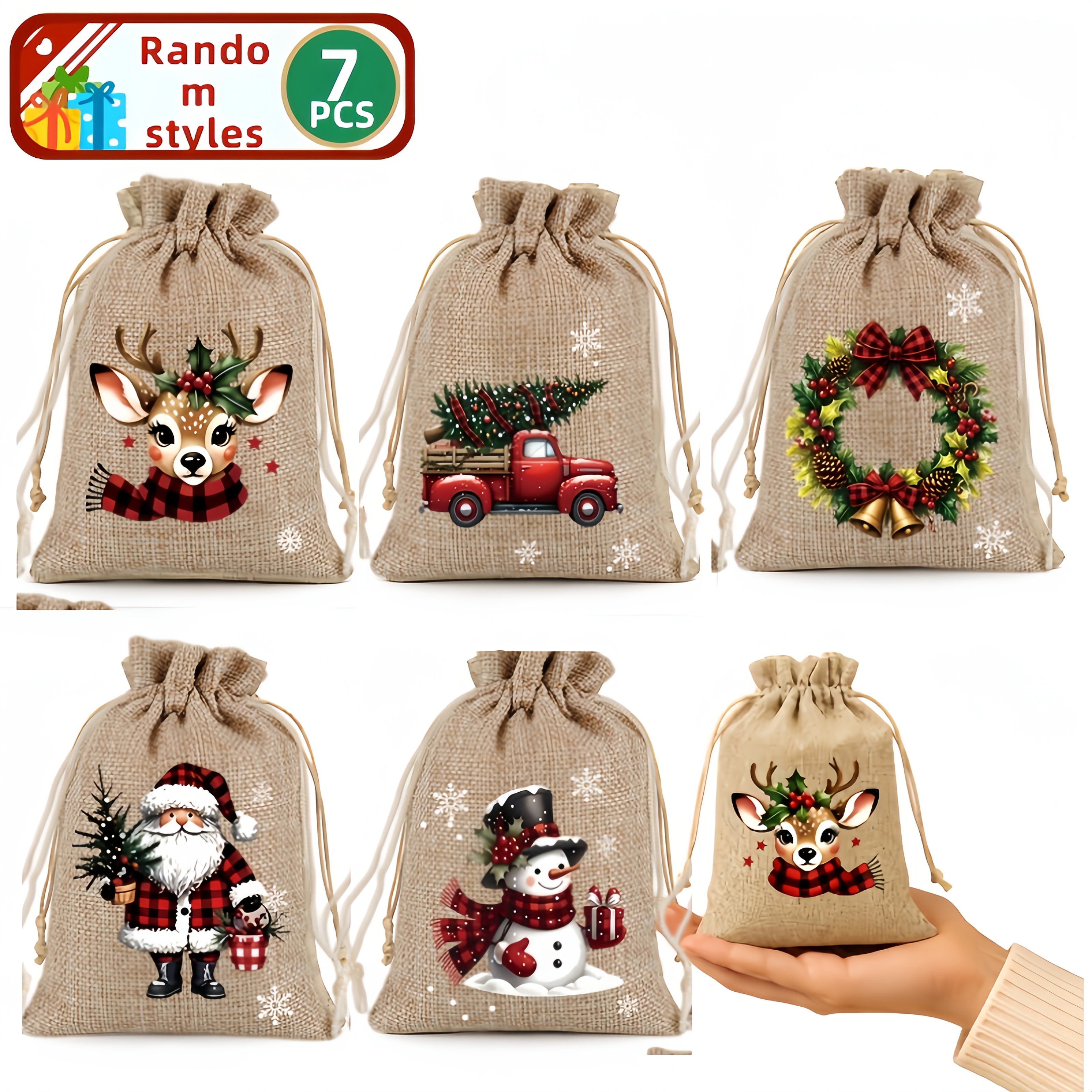 TEMU 7pcs Christmas Jute Gift Bags For Her/him - Random Style, Reusable Drawstring Bags With Christmas Theme Design, Suitable For Christmas Party