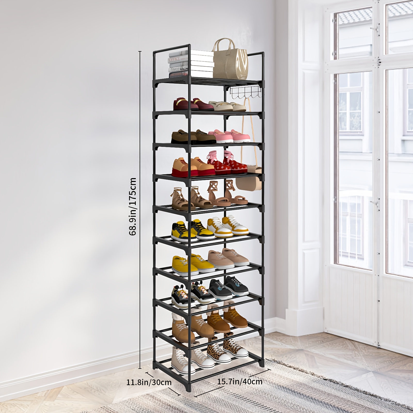 E-shop 10-stufiger Schuhregal aus Eisen, 175 cm hoch – Platzsparender Bodenhalter mit Haken für schmale Räume, schwarzes Metall-Schuhregal in 10 Ebenen