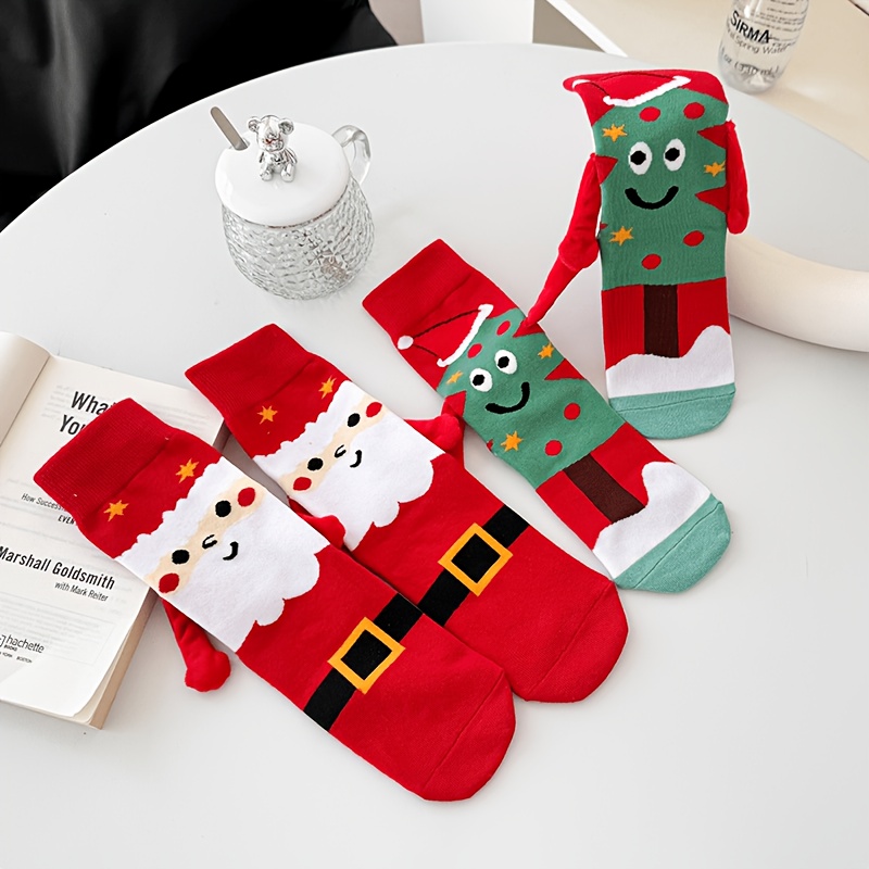 TEMU Fun Magnetic Hand-in-hand Christmas Theme Mid-calf Women's Socks, Cute Santa Claus And Christmas Tree Cartoon Patterns, Soft And Skin-friendly