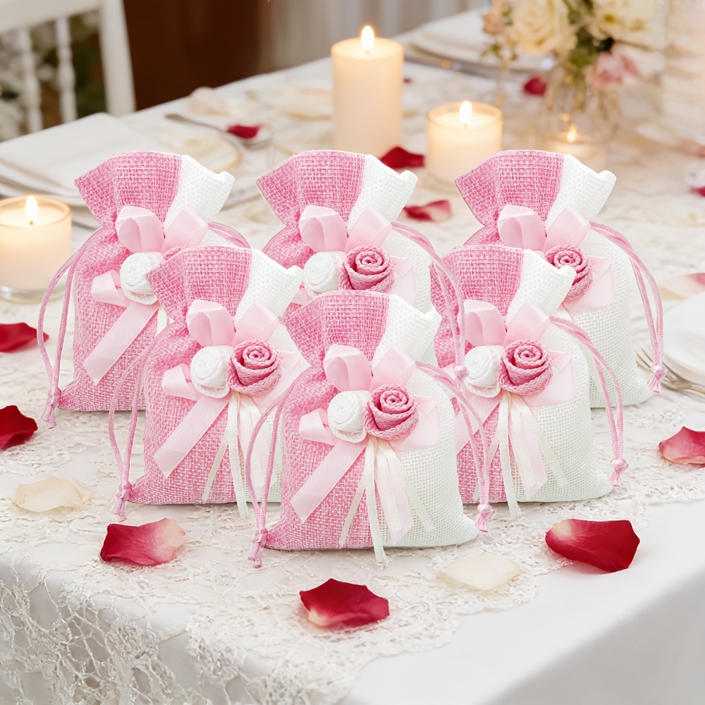 10pcs Blue and Pink Drawstring Gift Bags with Floral Design