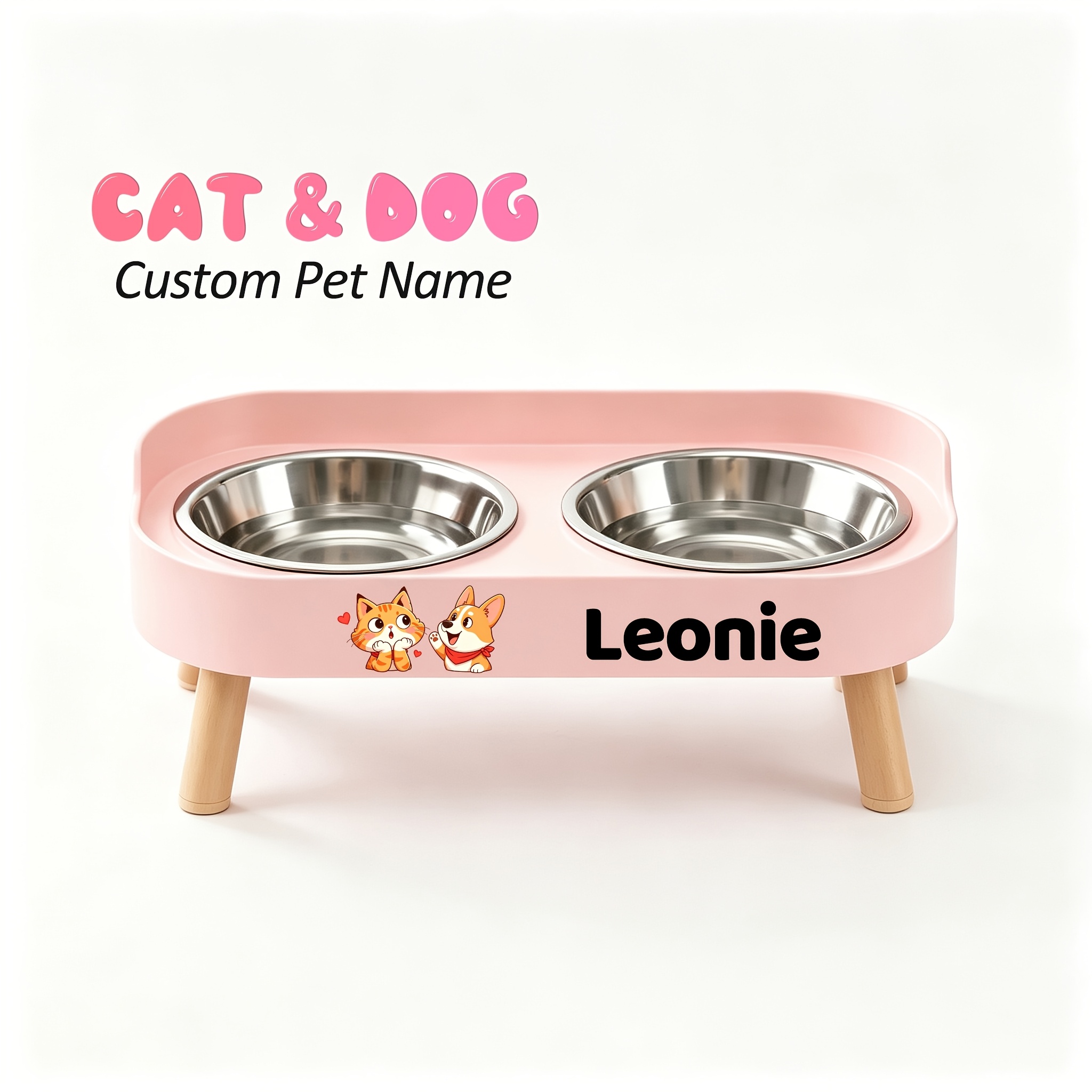 Raised Double Bowl Feeder with Custom Pet Name
