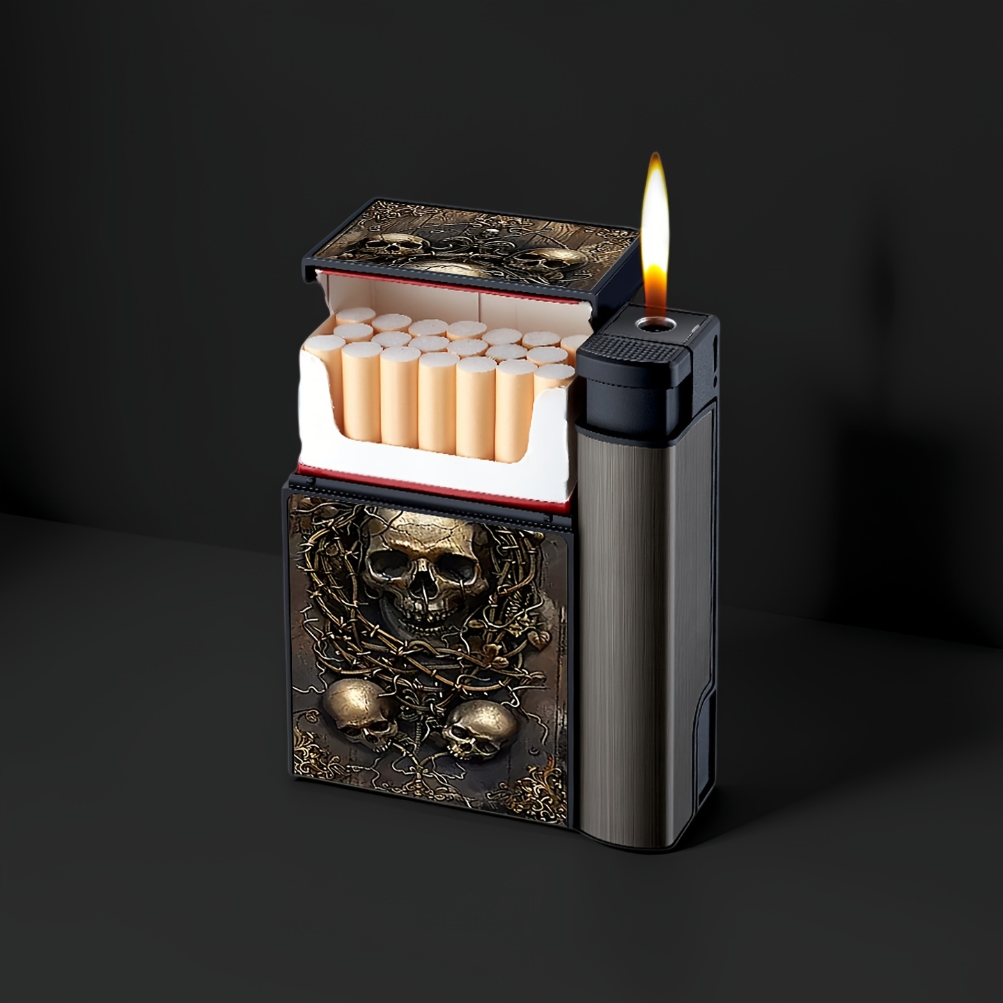 stylish lighter for cigarette golden skull portable automatic wire drawing metal cigarette
