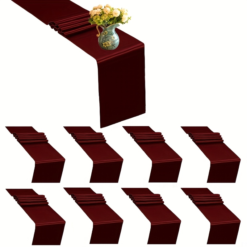 Image of 8pcs Set Of Burgundy Premium Satin Table Runners, 12x108 Inches, Suitable For Wedding Banquet Party Decorations, Long Bow Table S 30x275cm