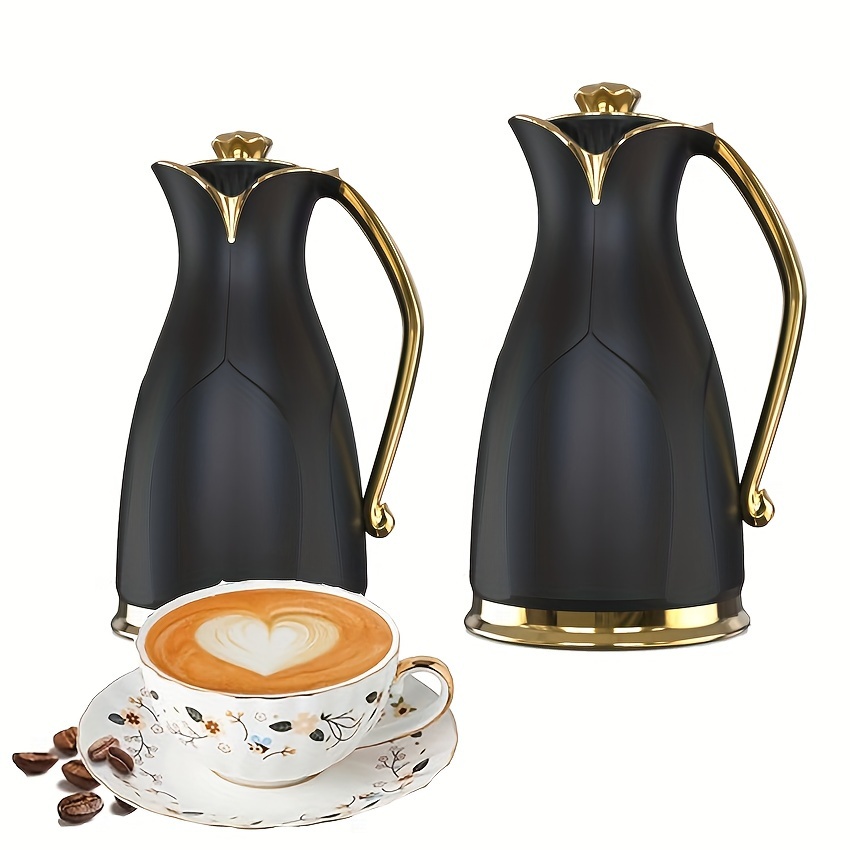 elegant double walled insulated coffee carafe with golden   white ceramic thermal   vacuum sealed for hot cold beverages ideal for tea coffee enthusiasts coffee bar accessories details 1