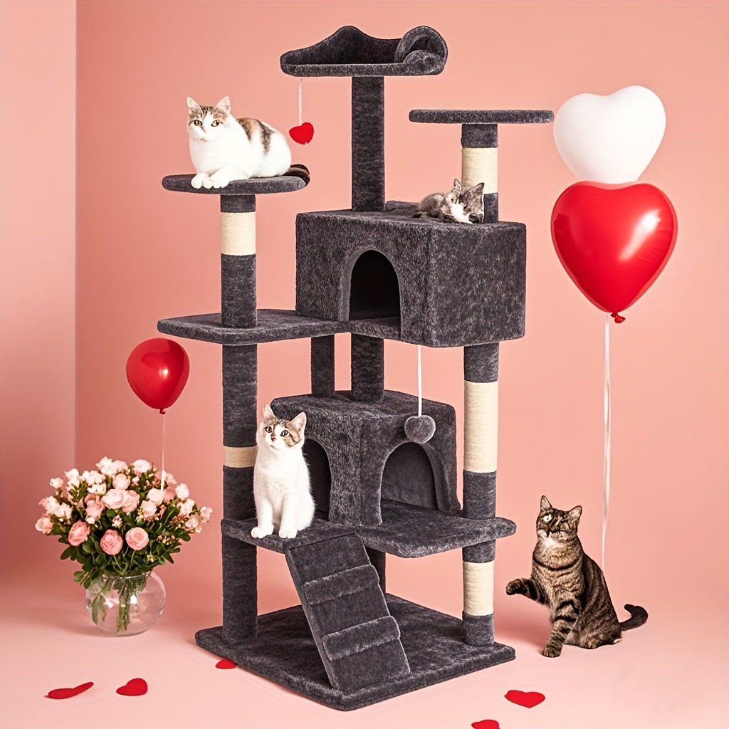 

54in Tall Multi-level Cat Tree Tower For Indoor Cats, House With Sisal Scratching Post, Large Condo, Climbing Ladder, Pet Furniture, Plush Toy For Kitten