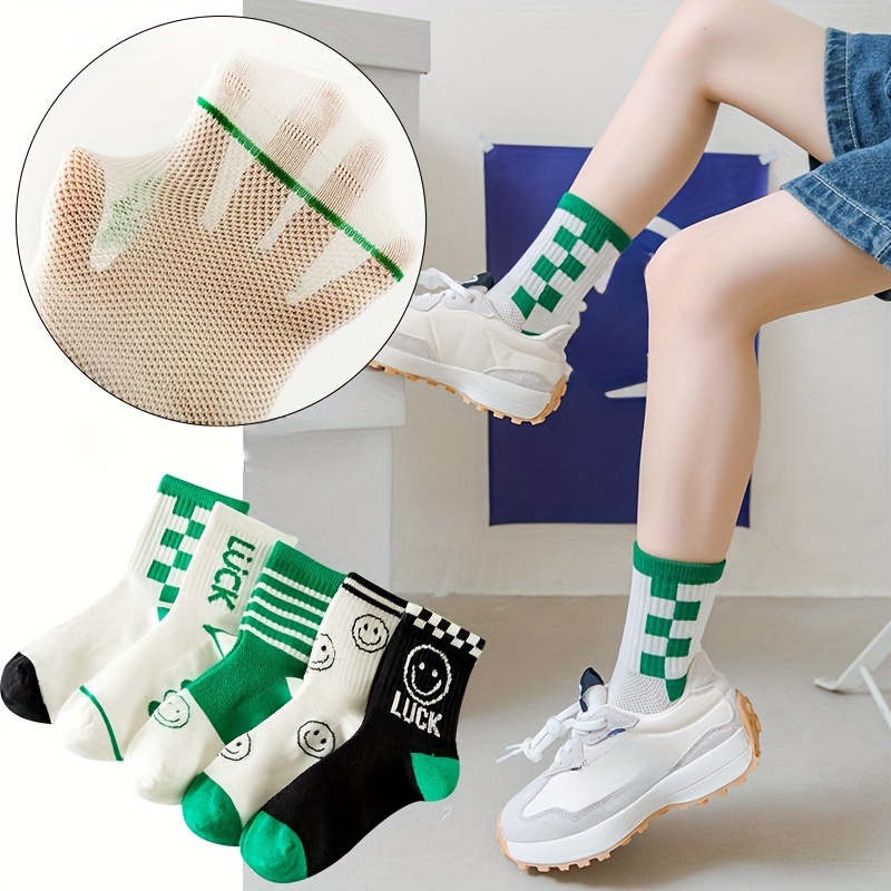 

5 Pairs Of Boy's Trendy Cartoon Striped Checkered Pattern Color Block Crew Socks, Breathable Cotton Blend Comfy Casual Style Unisex Socks For Kids Outdoor All Seasons Wearing