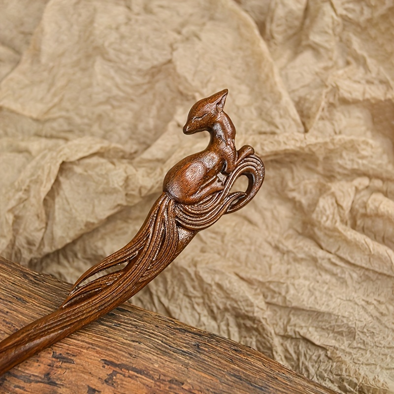 

Vintage Style Hand-carved Wooden Hair Stick, Nine-tailed Fox Design, Traditional Chinese Hanfu Hair Accessory, Elegant Wood Hairpin For Women - No Feather