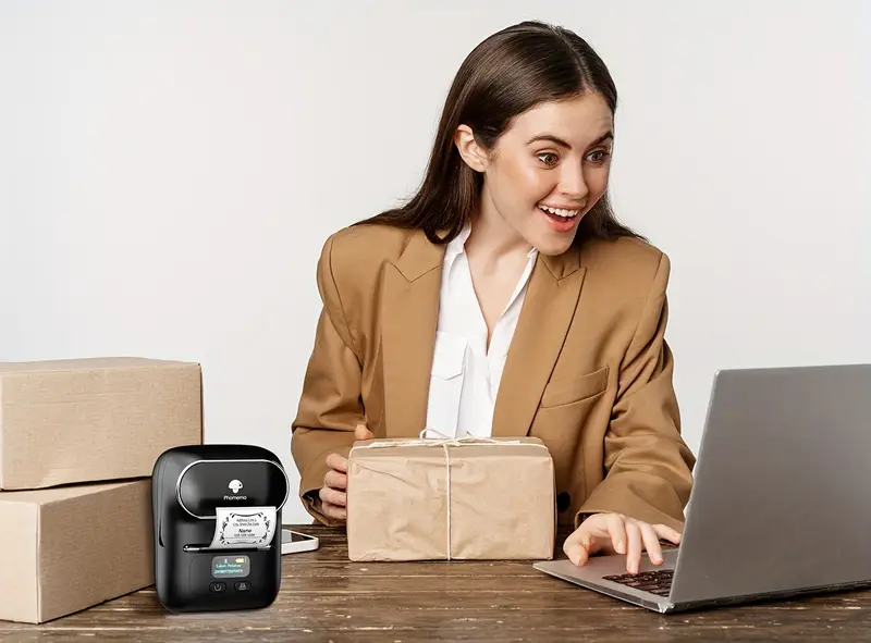 phomemo m110 label maker wireless label printer with one roll 40x30mm thermal sticker label thermal label printer for store owner small business address logo clothing mailing sticker printer for phones pc mini labeler for barcode document product information details 8
