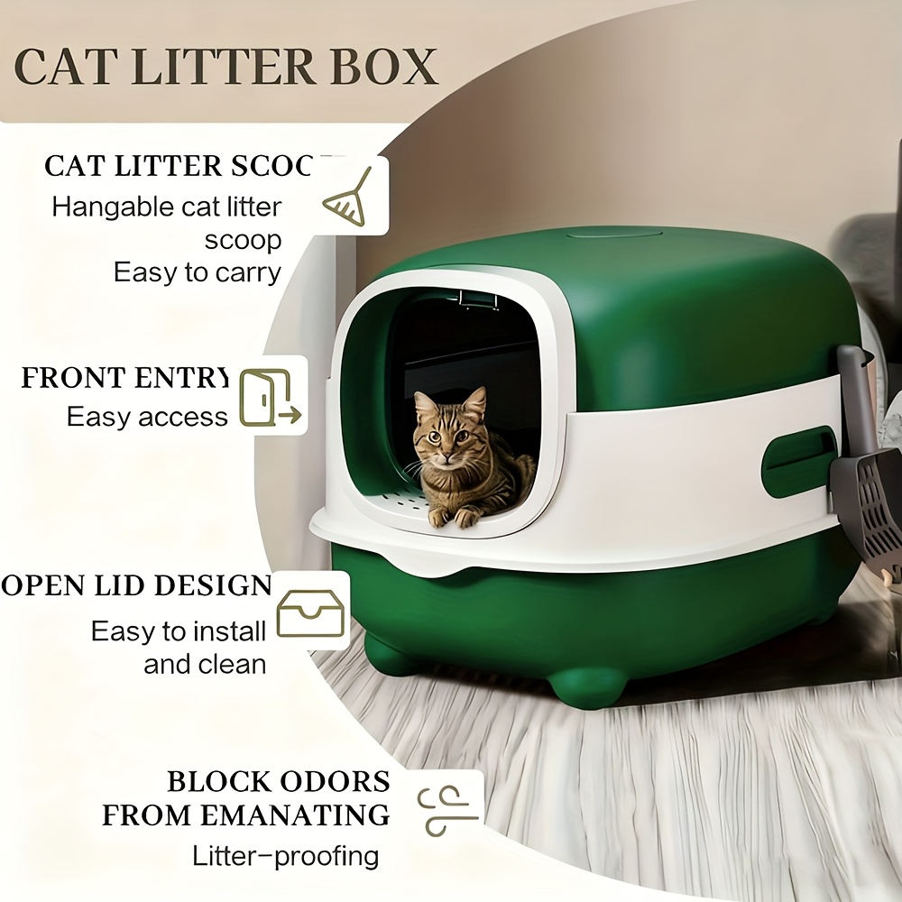 large cat litter box fully enclosed splash proof easy to store   can hold cat litter   with a shovel easy to clean suitable for small and medium sized cats Product details 6