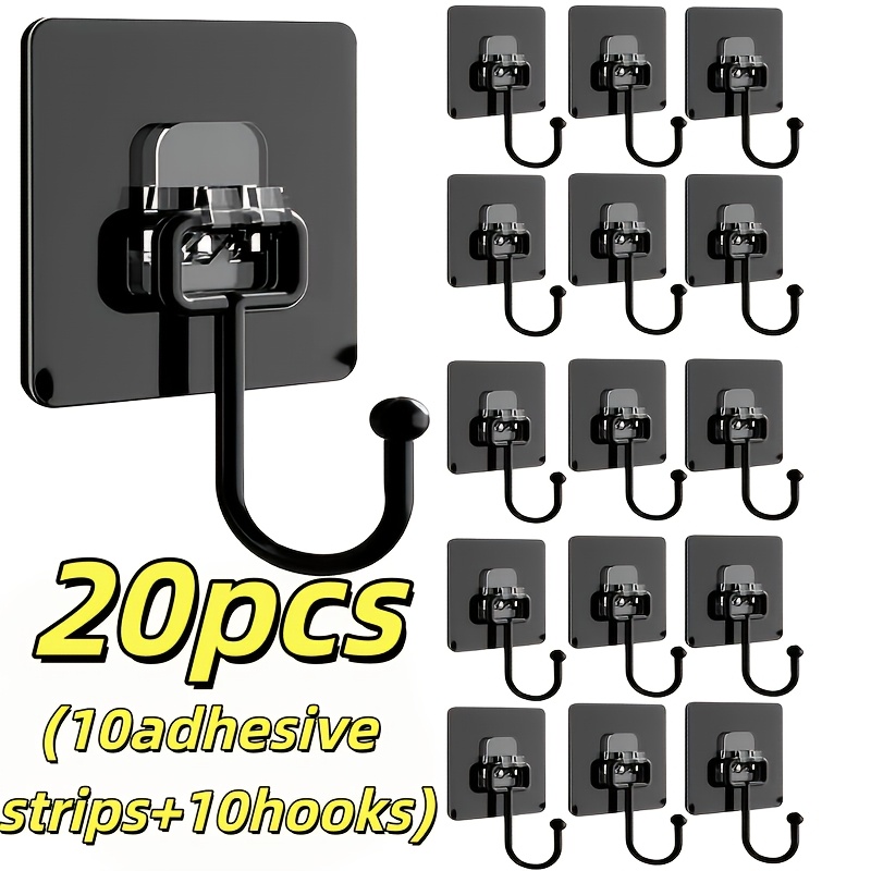 TEMU 20pcs Set/10pcs Adhesive Strips And 10pcs Hooks/multipurpose Utility Hooks/fashion Black Self-adhesive Wall-mounted Hooks/no Drilling Required,