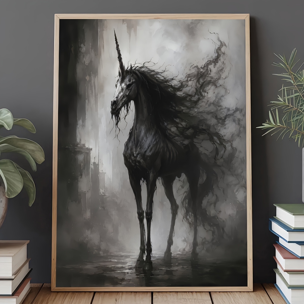 TEMU Affiche 2D plate, 1 pièce, licorne gothique cadre - Fantaisie adaptée à la décoration du salon, de , de - Peinture murale réutilisable sur toile