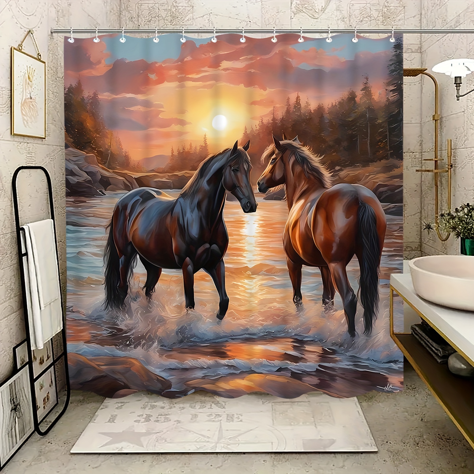 

2 Horses Pattern Shower Curtain: Hand Wash Only, Animal Print, Waterproof, Knit Fabric, No Lining, Suitable For All Seasons