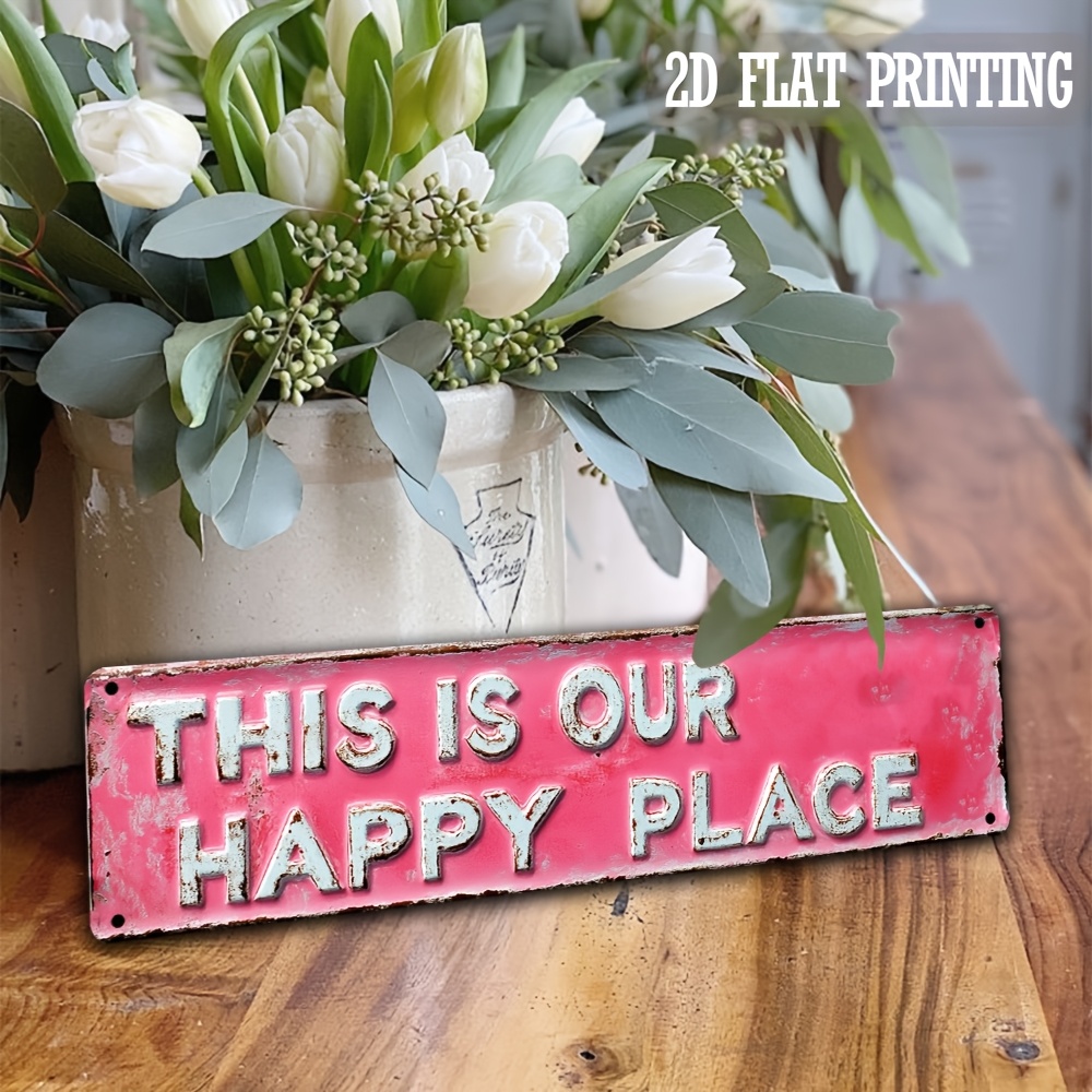 Image of 2d Flat - A Vintage Metal Sign That ' Our Happy ' In A 2d Flat Design, Made Of Aluminum, Measuring 10.16x40.64 Cm. A Rustic Wall Decoration Suitable For Homes, Cafes, , Cottages, , And Gardens