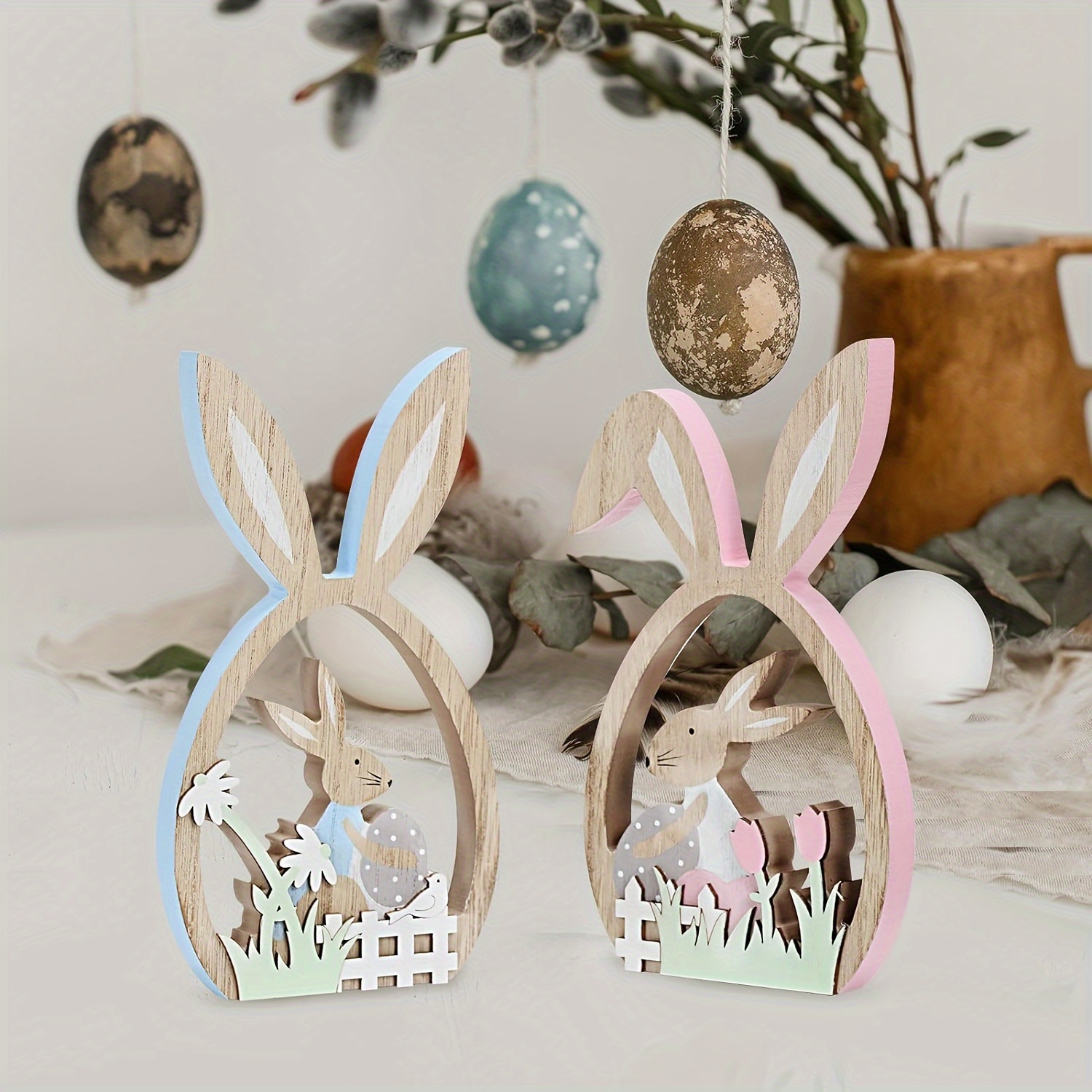 

2pcs Easter Decorations For The Home Farmhouse Rustic Wooden Bunny With Egg Easter Tiered Tray Decor Decoration For Indoor Home Party Easter Tabletop Decoration Easter