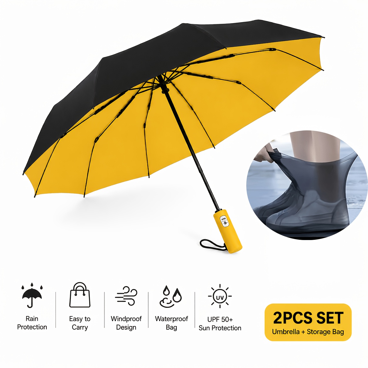 TEMU 2pcs Rain Protection Kit, Foldable Umbrella With High Quality Shoe Covers, Umbrella Heavy Duty Windproof, For Commuting, Travel & Outdoor