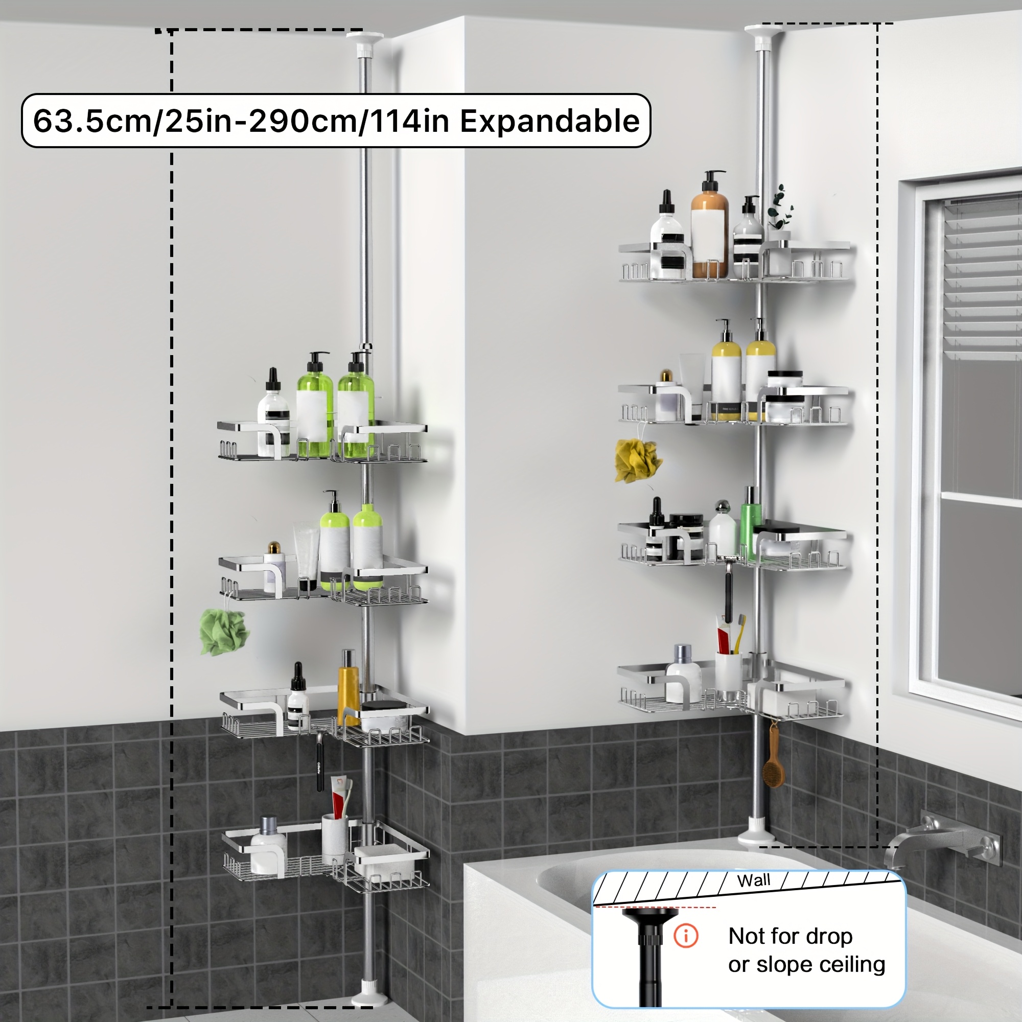 TEMU Stainless Steel Bathroom Rack, A Freestanding Shower Shelf Reaching The Sky, 4-layer Silvery Corner Storage Rack With R-angle Scratch-resistant